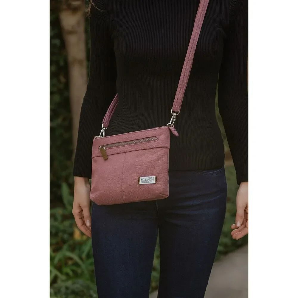 Travelon mulberry cavas Heritage collection crossbody RFID bag.